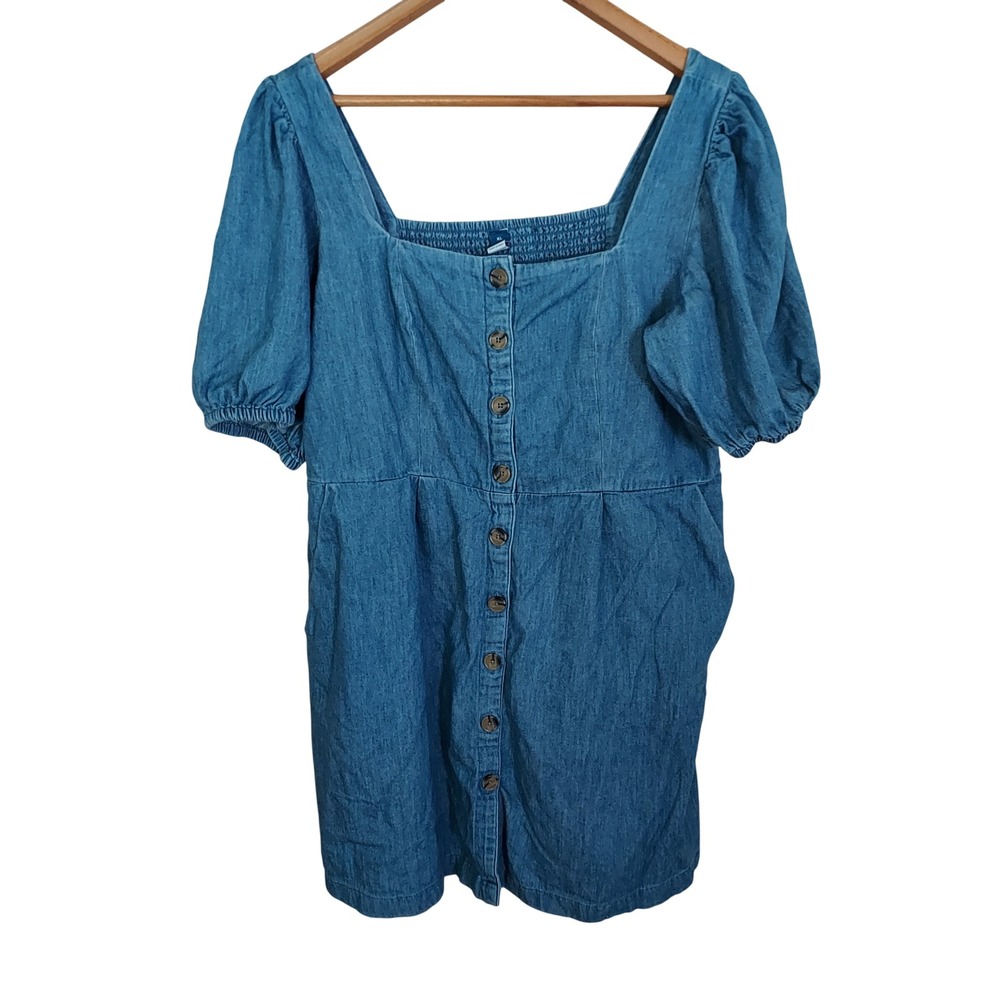 Old Navy XL Denim Puff Sleeve Square Neck Mini Dress Med Wash Western Festival